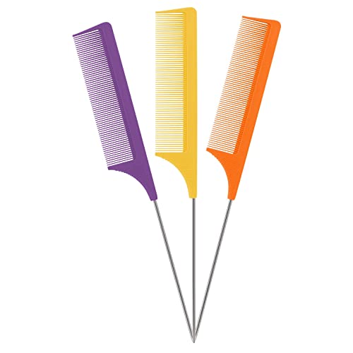 Rat Tail Combs Parting Comb: 3Pack Tail Comb,Professional Hair Salon Quality Styling Hair Combs,Metal Long Steel Pin Rat Tail Carbon Fiber Teasing Comb,Combs for Women（Purple|Orange|Yellow）