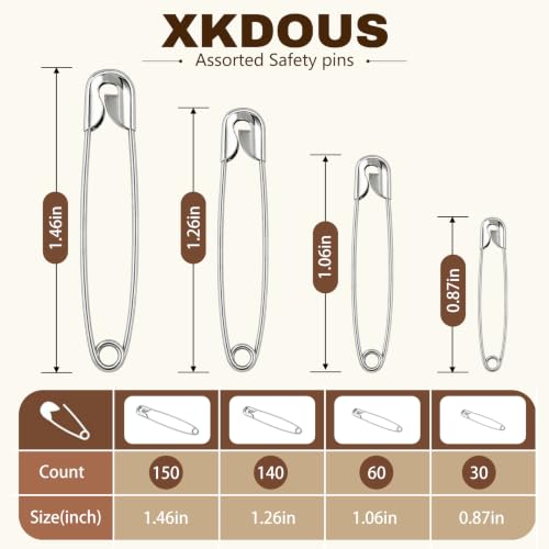 Image of XKDOUS 380 Pack Safety Pins Assorted Sizes, Heavy Duty Pins for Clothes | 4 Assorted Small & Large Safety Pin, Sliver Sharp Edge Pins Bulk, Fasteners for Clothing, Sewing, Crafting