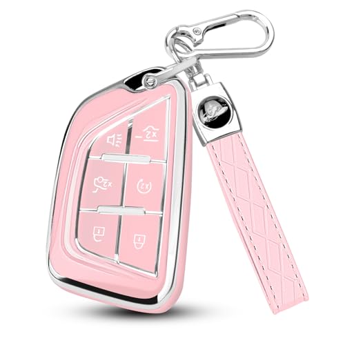 Image of QBUC for Cadillac Key Fob Cover with Leather Keychain (Chrome Trim Pink) | Soft TPU Protection Case Compatible with 2020-2026 Cadillac Escalade Lyriq Optiq 6-Buttons