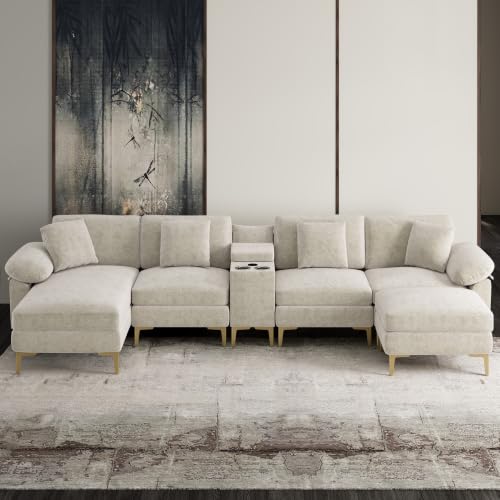 Image of OUYESSIR U-Shaped Sectional Sofa Couch, 4 Seat Sofa Set for Living Room, Convertible U-Shaped Chenille Couch Set with USB Port Central Console Ottoman,128 inches (Beige White)
