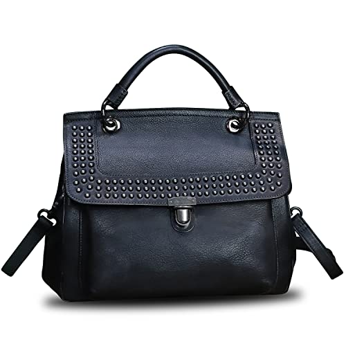 Genuine Leather Satchel Purse For Women Retro Handmade Top Handle Handbag Rivet Style Crossbody Bag (Darkgrey) #TOP1