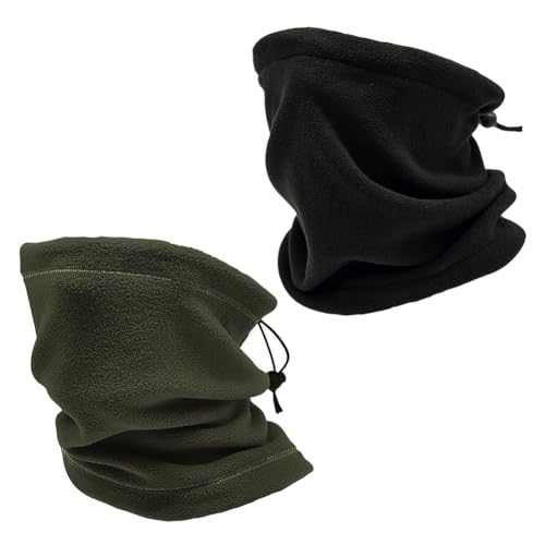 2 Pcs Winter Neck Warmers Windproof Face Covers Fleece Face Masks Scarf Face Coverings with Drawstring Black Green