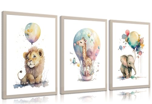 Image of 3pcs Cute Nursery Balloon Animal Canvas Wall Art Watercolor Giraffe Lion And Elephant Posters Prints Safari Animal Wall Decor Pictures for Kids Room Boys And Girls Home Decoration Unframed