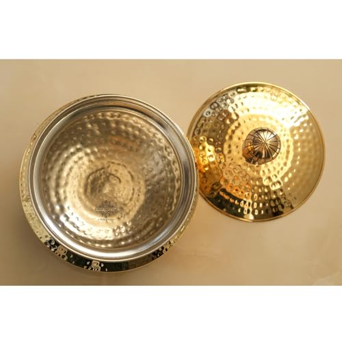 Image of INDIAN ART VILLA Brass Handi for Cooking with Tin Lining Inside, Degchi /Sipri, Ideal for Biryani, Cooking & Serving, Premium Brass Utensil, Volume - 3600 ml