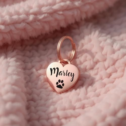 Herz Hundemarke mit Gravur | Personalisiert mit Name, Telefonnummer, Adresse, Wunschtext | 25 mm Rosegold, Gold Edelstahl Dog Tag, Namens-Anhänger für Hunde-Halsband