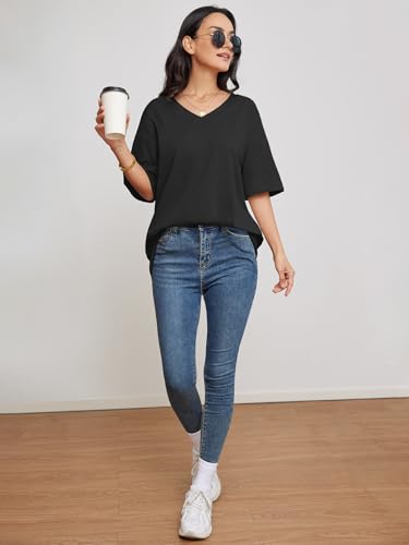 Image of ATHMILE Womens Oversized Shirts V Neck Plus Size Spring Workout Summer Tops Beach Vacation 2026 Gym Clothes Basic Tee
