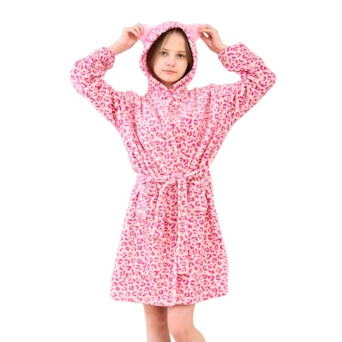 Ceruwum Cute Dressing Gown for Girls - Soft Hooded Robe Sleepwear Kids (Leopard 5-6 Years)