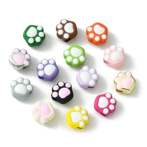 Ipotkitt 30 Pcs Colorful Alloy Enamel Cat Paw Print Animal Paw Shaped Spacer Beads Cute Pet Footprint Beads for DIY Bracelet Jewelry Making
