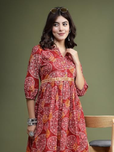 Image of Rama's Women's Printed Cotton One Piece Dress | V-Neck | 3 /4 Sleeves | Empire Waist | Knee Length Casual Dress for Women