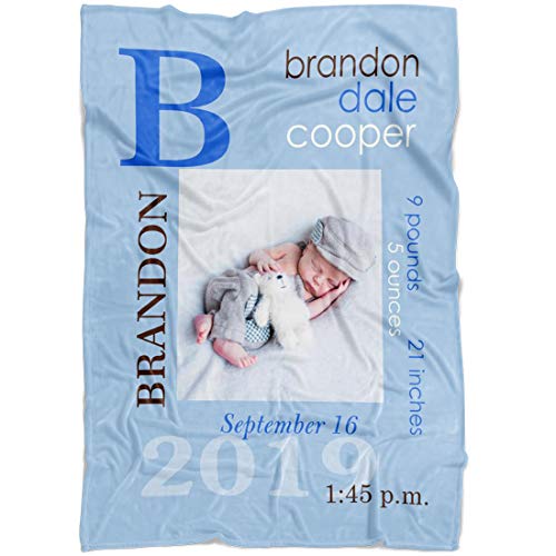 Personalized Baby Photo Newborn Blanket with Birth Information for Girl & Boy. Customized Blanket from Baby's Name, BirthDate, Weight. Gift for New Born, Dad Mom Grandparents (Light Blue)