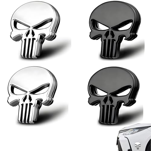 4 Pièces Véhicules Métal 3D Stickers, Autocollant Voiture Tuning, Argenté Et Noir,Autocollant Véhicule Moto Skull Punisher, pour Décoration De Voitures, Camions, Motos, Véhicules