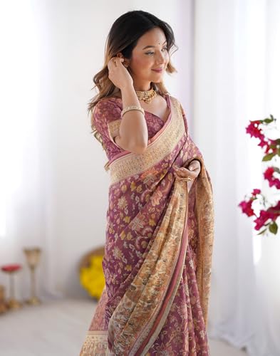 Image of SIRIL Women's Cotton Linen Kalamkari Printed Handloom Saree with Unstitched Blouse Piece