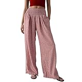 レディース ギンガムパンツ コットン ワイドレッグ 格子柄 パンツ ゴムウエスト ラウンジ パジャマ ボトム Y2K ビーチ バケーション パンツ ポケット付き, レッド, Small