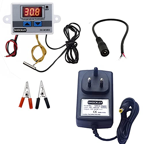 Image of Shockley XH-W3001-50 to 110c Intelligent Digital Thermostat temperature controller combo XH-W3001 (12V Without Direct Output) + 12V 2AMP Adapter + Alligator Clips + DC Female Jack