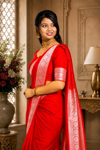 Image of Women's Glory Banarasi Satin Silk Saree Plain Silver Zari | Unstiched Blouse Piece Included.