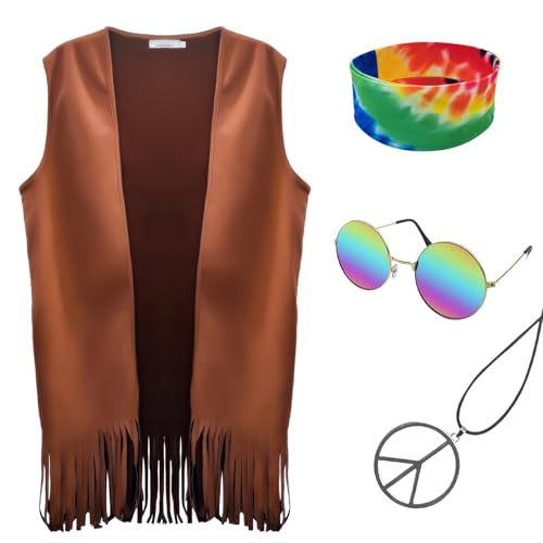 Hippie Costume for Men 60s 70s Fringe Vest Carnival Party Tassel Vest hippy Party halloween Costume (Brown M)