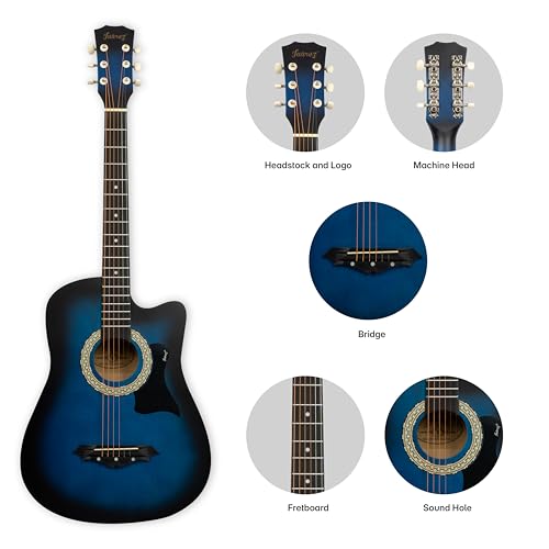 Image of JUAREZ 38 Inch Cutaway Acoustic Guitar Kit with Pick Guard | ABS Neck & Fingerboard | Linden Wood Body | Steel Strings | Blue Sunburst | Guitar Bag, Strap, Picks & Spare Strings, JRZ38CAB-TBS-KIT