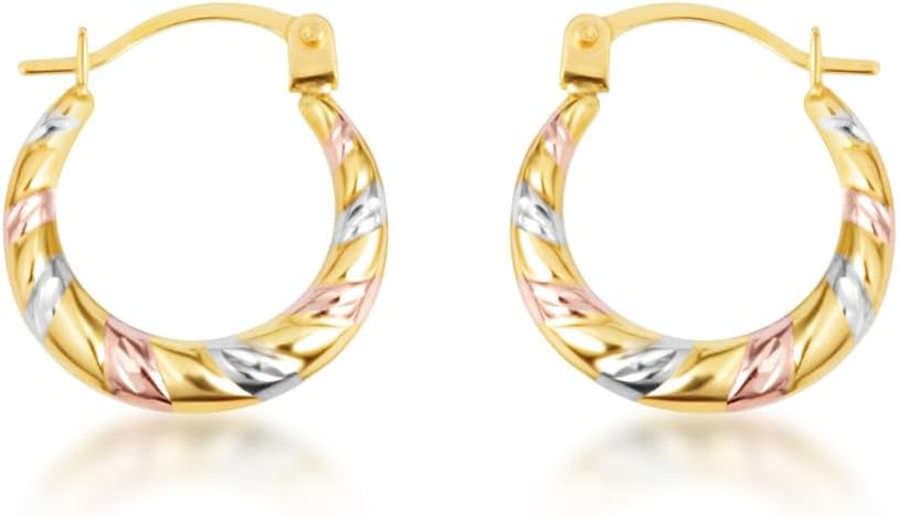 14K Tri-Color Gold Striped Diamond Cut Huggie Earrings