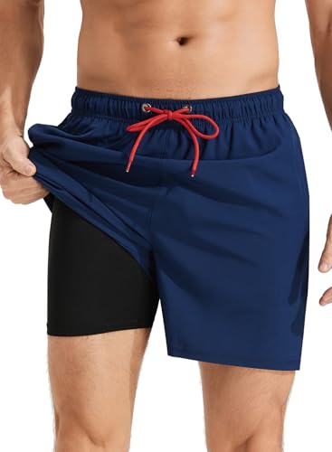Mens Swim Trunks with Compression Liner Quick Dry Beach Shorts with Zipper Pockets Navy