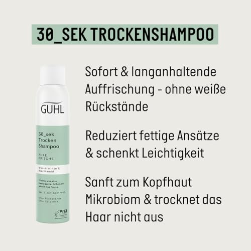 Guhl 30 sek Trockenshampoo - Pure Frische - Inhalt: 200 ml - Niacinamid & Wasserminze - Effektiv wie eine Haarwäsche - Schonend wie ein Tag Pause - Ohne Rückstände - Ohne Silikone