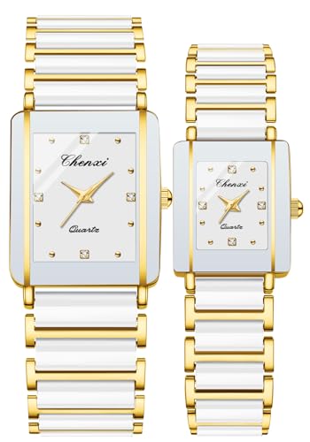 Gosasa Relojes vintage para parejas para hombres y mujeres, reloj de cuarzo cuadrado de cerámica para él y para ella, par de relojes de diamantes impermeables, Dorado, blanco, Lujo