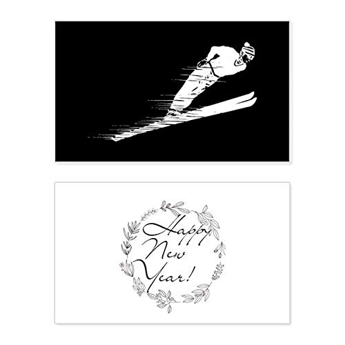 Tarjeta de Año Nuevo con ilustración de deporte de esquí y patrón de invierno para mensajes