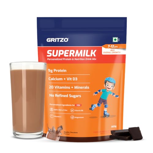 Gritzo SuperMilk Overall Growth (7-12y Boys), 9g Protein Powder (Double Chocolate, 800g) | Zero Refined Sugar, 20 Vitamins & Minerals
