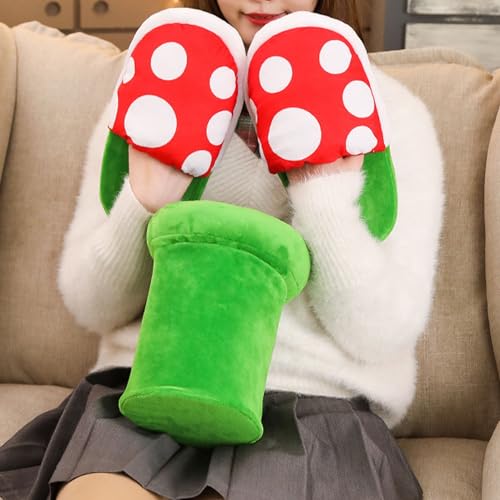 Piranha Plant Slippers Piranha Plants Plush Slippers Mushroom Slippers with Holder Piranha Plants Plush Funny Slippers with Pipe Pot Holder Funny Gifts for Women Men Teens (One Size, Slippers)3