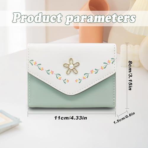 Small Wallet for Woman, Flowers Print Cute Leather Wallet Fashion Bifold Wallet with ID Window and Card Slots (Green)2