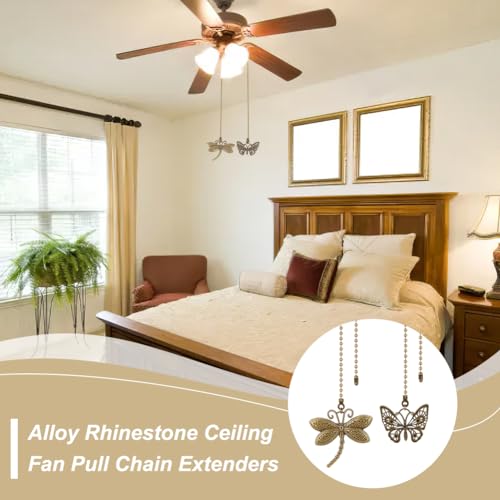 Image of BENECREAT 6pcs Butterfly Bee Ceiling Fan Pull Chain, Dragonfly Vintage Charm Pendant Chain Extender with Iron Ball Chain Connector for Fan, Table Lamp Decoration, 13~14.5inch