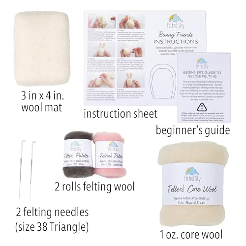 Image of Felted Sky Bunny Friends Needle Felting Kit Learn How to Sculpt with Wool | Beginner Friendly for Adults and Teens | Includes Everything to Create 2 Easter Rabbits | Has Video Instructions