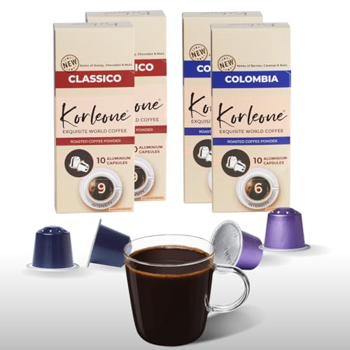 Image of KORLEONE Colombia & Classico Aluminium Nespresso Compatible Coffee Pods 40 Capsules (Pack of 4) Intensity 6 /9 Medium to Dark Roast Level,1.2 Kg
