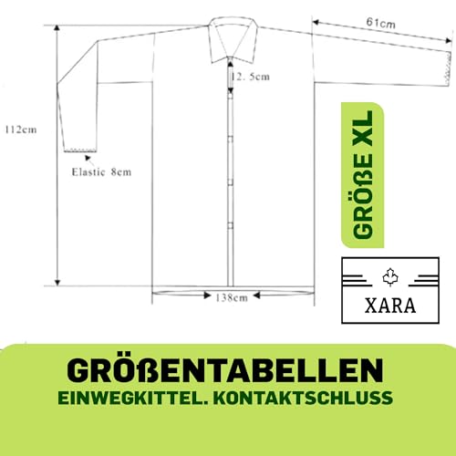 XARA Schutzkittel Einweg - Einweg-Schutzkittel – Einwegkittel – Einheitsgröße - Größe XL -112 x 138cm - TNT Polypropylen 25 gr - Einwegkittel mit Kontaktverschluss - Atmungsaktiv - 10 Stück