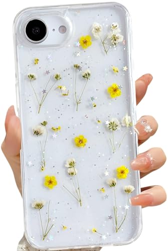 LSEEKA for iPhone 16e 17e Clear Case with Pressed Real Flowers Design,Glitter Cute Yellow Floral Pattern Slim Soft TPU Protective Women Girl's Phone Cover for iPhone 16e 17e