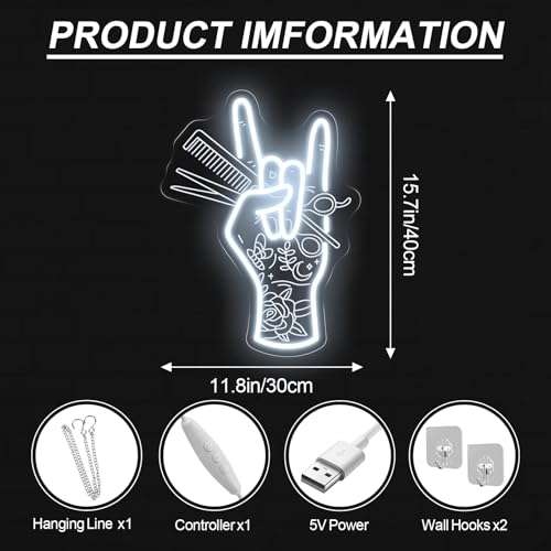 Image of Stylish Hand Holding Scissors and Comb Neon Sign Hair studio Led Light | USB Powered Dimmable Beauty Shop Neon Decor Salon Clipart Decor, Business Wall Decoration Sign 15.7 inchx11.8 inch