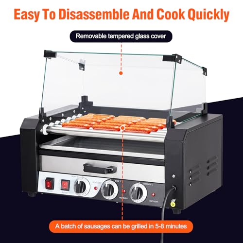 Hot Dog Roller, 7 Rollers 18 Hot Dogs Capacity 1350W Stainless Sausage Grill Cooker Machine with Removable Oil Drip Tray Dual Temp Control and Glass Hood Cover, Perfect for Commercial and Party