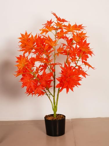 Image of ARICK DECOR 2.8Ft Artificial Japanese Maple Tree in Pot, Realistic Faux Autumn Orange Maple Plant, Peacock Shaped Floor Decor for Home, Office & Balcony