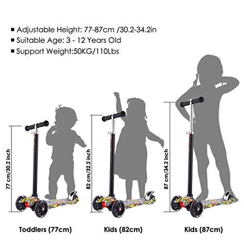 Scooter for Kids with Light Up 3-Wheels for Toddlers,Adjustable Height Lean to Steer with Extra-Wide Deck PU LED Flashing Wheels Kick Scooter for Boys Girls from 3-12 Years Old,Capacity 110lb