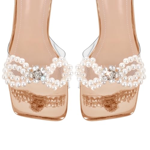 Image of Yolkomo Women's Square Toe Clear Heels Sexy Rhinestone Bow Heels Open Toe Ankle Strap Stiletto High Heel Sandals