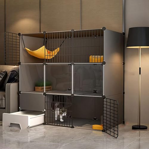 CHEMYO Jaula para Gatos con Caja de Arena para Gatos - Jaulas para Gatos de Interior Grandes, perreras para Gatos Grandes de 3 Niveles, Parque para Gatos para Gatos de Interior Parque para Gatos de