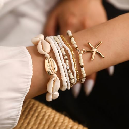 Image of Shell Bracelet,Gold Plated Starfish Ankle Bracelets for Women Waterproof Stack Beaded Anklet Boho Hawaiian Vacation Beach Jewelry Gifts
