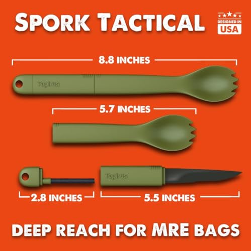 Tapirus Spork Tactical Green | BPA Free Spoon Fork, Stainless Steel Knife and Fire Starter | 3 in 1 multipurpose utensil | Outdoor hiking, camping & backpacking gear | Fit for MRE
