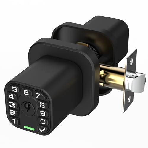 Richelock Square Door Knob with Keypad, Keylees Entry Door Lock with Cylinder, Auto Lock, Waterproof & Weatherproof Code Doorknob for Outdoor & Indoor, Bedroom, Entry Door,Office -Matte Black
