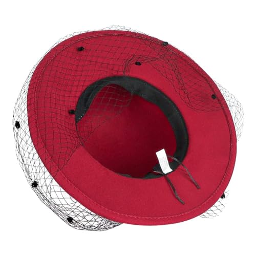 Hinyboeh Womens Wide Brim Bowler Fedora Hat Vintage Felt Floppy Fascinator Hat With Veil Winter Kentucky Hat Derby Wedding Party Hat Dark Red thumb #3