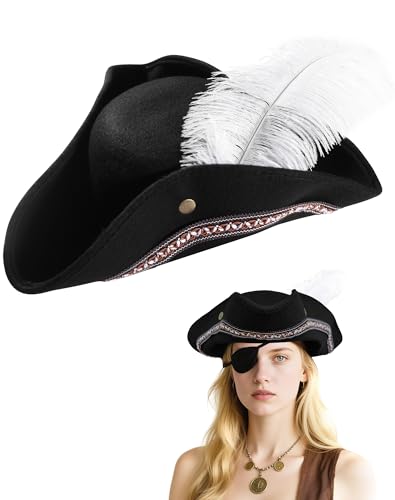 Adult Tricorn Pirate Hat with Feather for Halloween Costume Accessories - Sturdy Box Packaging - for Women Men Kids - Revolutionary History Renaissance Theme Party Costume(Style 2)