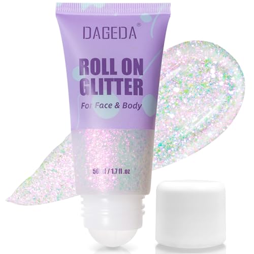 Prreal 50ml Roll-on Body Glitter,Holographic Face Glitter Gel for Eye Hair, Mermaid Sequins Festival Accessories,Chameleon Color Body Shimmer Glitters Face Paint Makeup Rave Outfits,02 Sparkling Pink