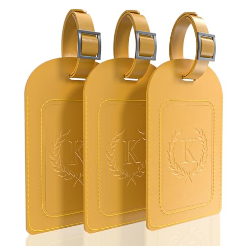 FESAS 3 Pack A-Z Alphabet Luggage Tags - Faux Leather Suitcase Tags with Privacy Cover & Replaceable Card - Initial Letter Monogram for Bags (Yellow)