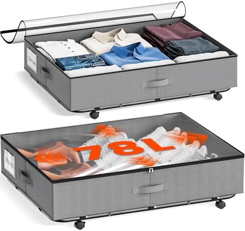 XXXL 78L Under Bed Storage on Wheels, 2-Pack Rolling Storage Containers with Clear Lid & Label, Heavy-Duty Metal Frame, Easy Pull-out, Underbed Storage Bins for Clothes, Shoes, Blankets, and Toys