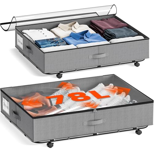 XXXL 78L Under Bed Storage on Wheels 2-Pack Rolling Storage Containers with Clear Lid & Label Heavy-Duty Metal Frame Easy Pull-out Underbed Storage Bins for Clothes Shoes Blankets and Toys