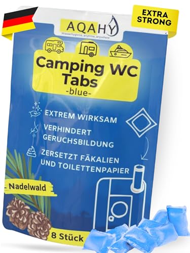 AQAHY Camping Toiletten Zusatz - Tabs blue extra stark – Nadelwald WC Drops - Chemietoilette Tabs entfernt unangenehme Gerüche - made in DE